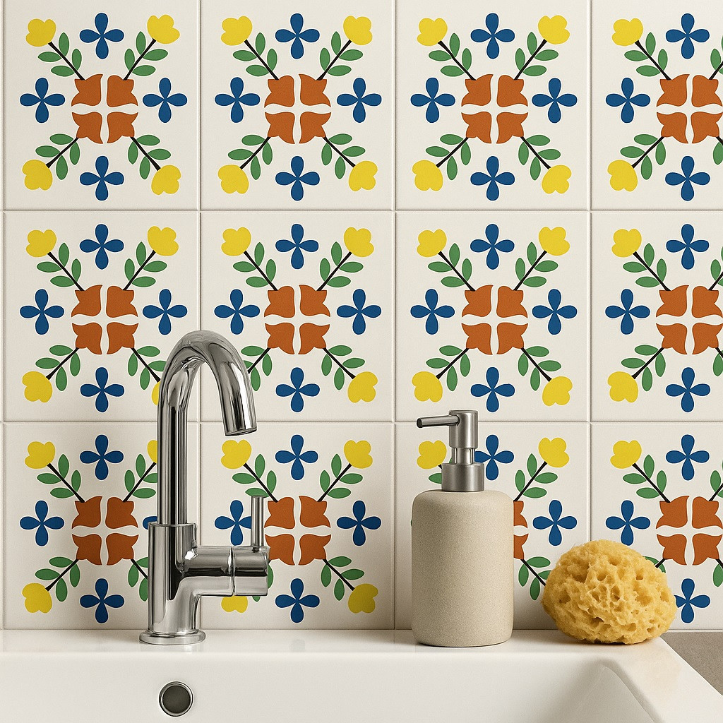 Mexican Talavera yellow and blue floral tile accent used as a bathroom backsplash detail
