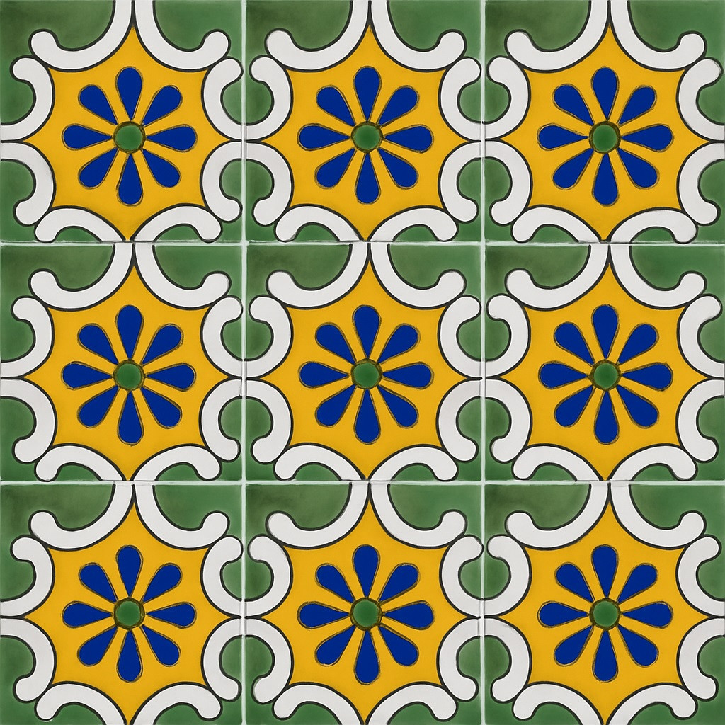 Mexican green yellow floral star tile installation showcasing full pattern with clean grout lines.