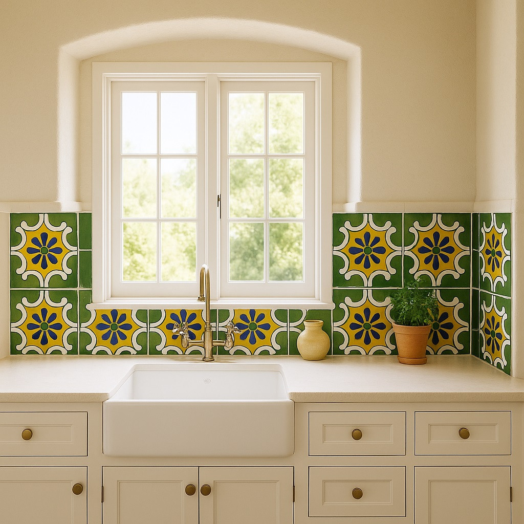 Mexican Green Yellow Floral Star Tile Design