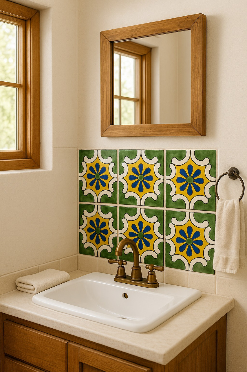 Mexican Green Yellow Floral Star Tile Design