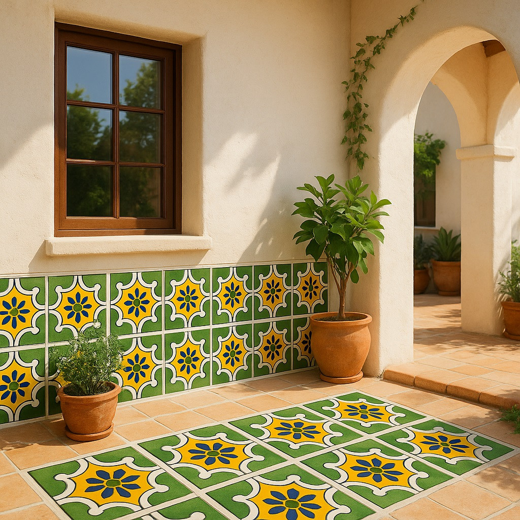 Mexican Green Yellow Floral Star Tile Design