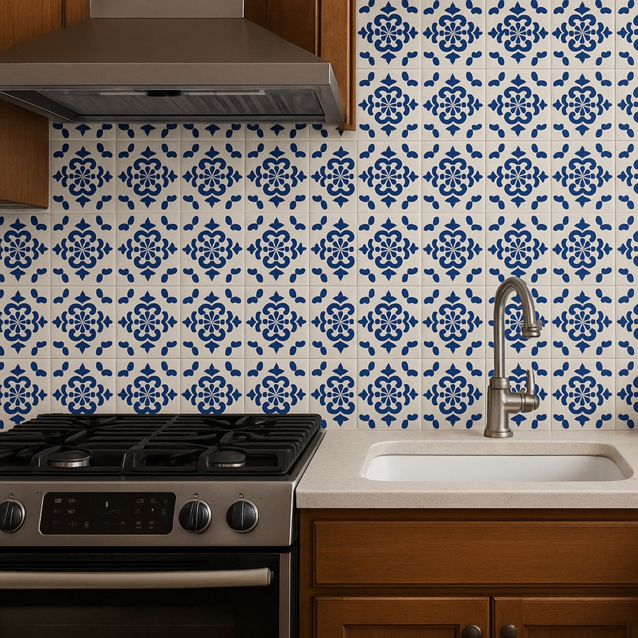 Cobalt floral Talavera tile design adding rhythm and charm on a kitchen backsplash behind stove