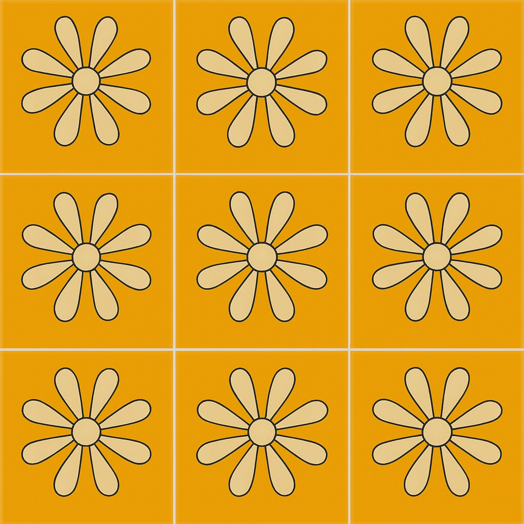 Handpainted daisy talavera tiles in yellow and white color visualized installed on th wall with grout