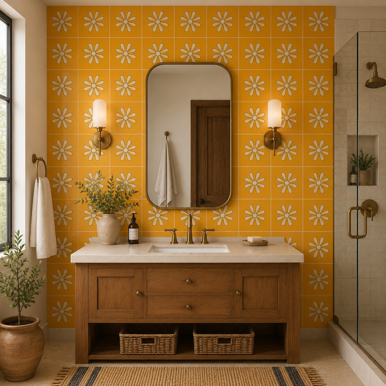 Handpainted daisy talavera tile in yellow and white colors on a bathroom wall accent