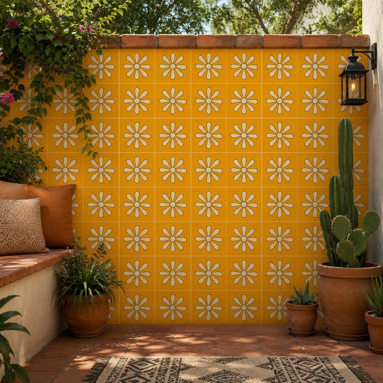 Handpainted daisy talavera tile in yellow and white decoraing an outdoor patio wall