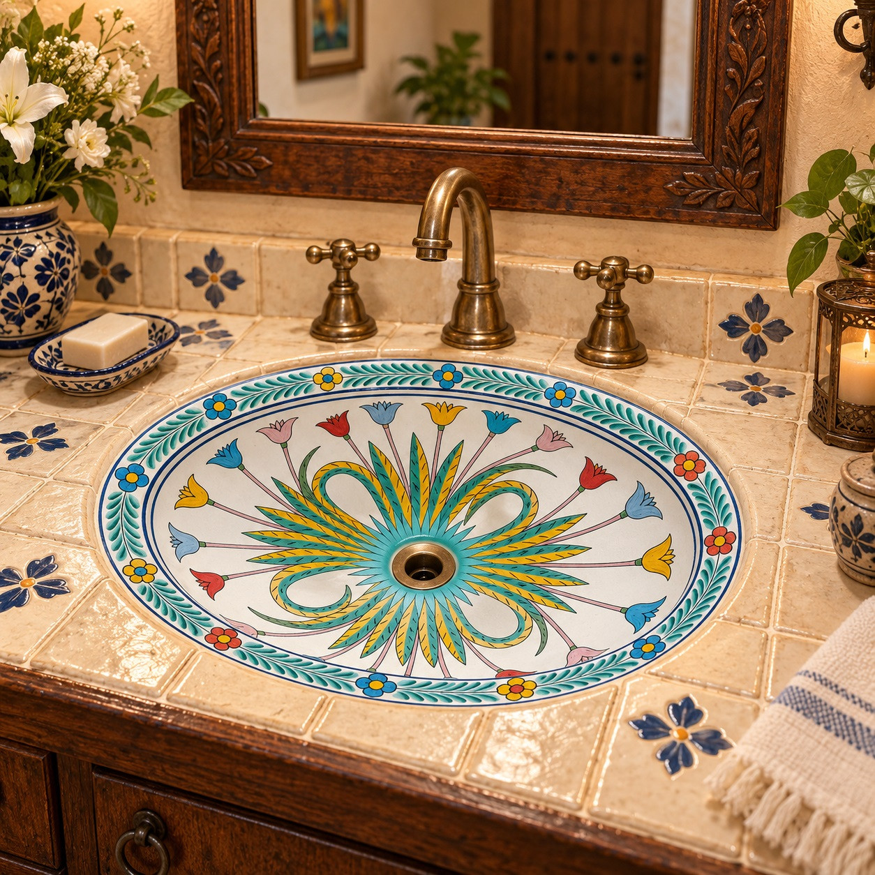 Talavera bathroom sink floral medallion in a colonial bath with woodwork and traditional tile