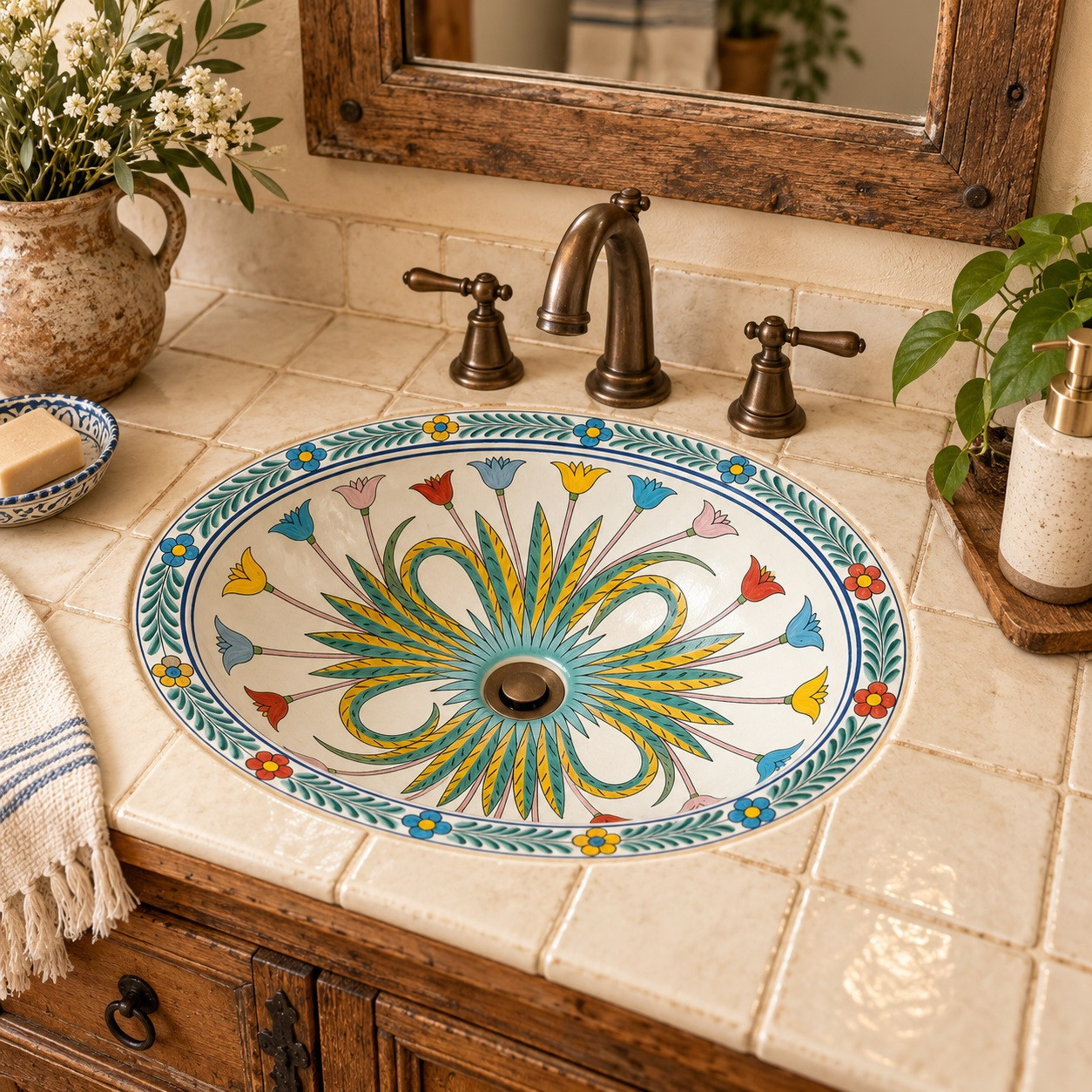 Talavera bathroom sink floral medallion in a rustic vanity with cream tile and aged wood