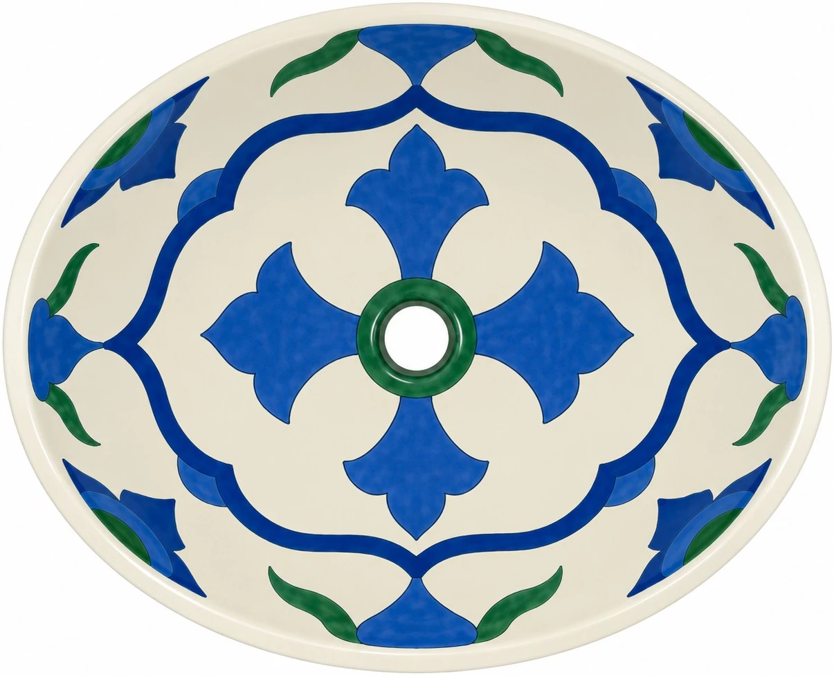 Talavera bathroom sink blue quatrefoil main product image showing the complete hand-painted design