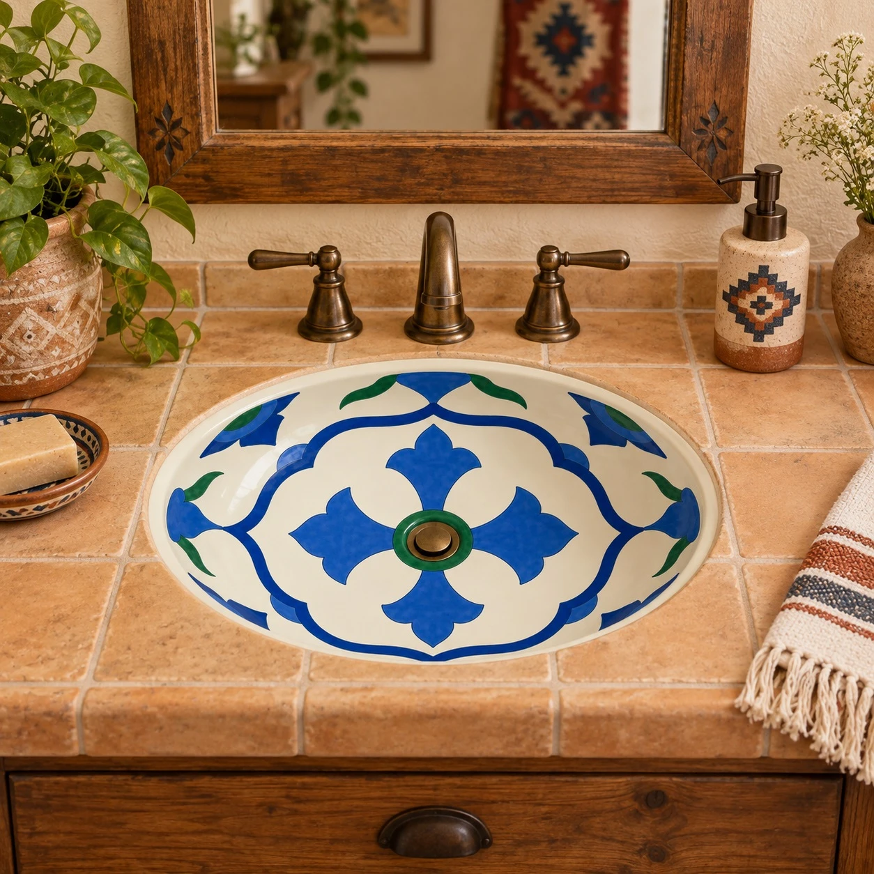 Talavera bathroom sink blue quatrefoil in a Southwestern bath with terracotta and woven decor