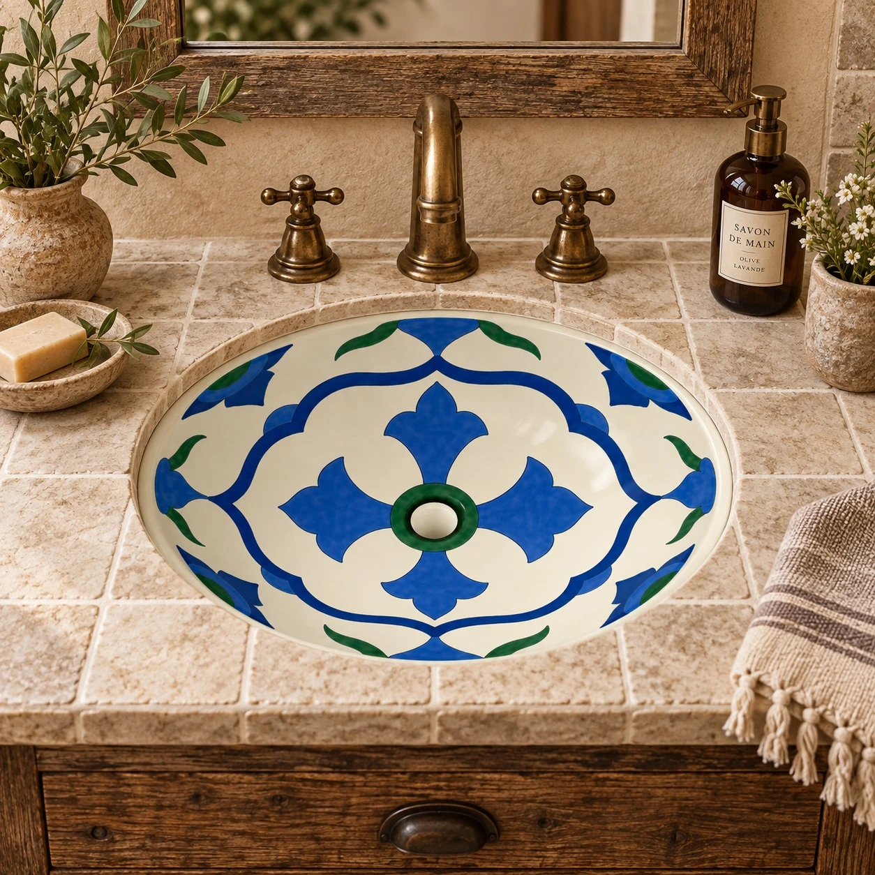 Talavera bathroom sink blue quatrefoil in a rustic bathroom with warm wood and cream tile