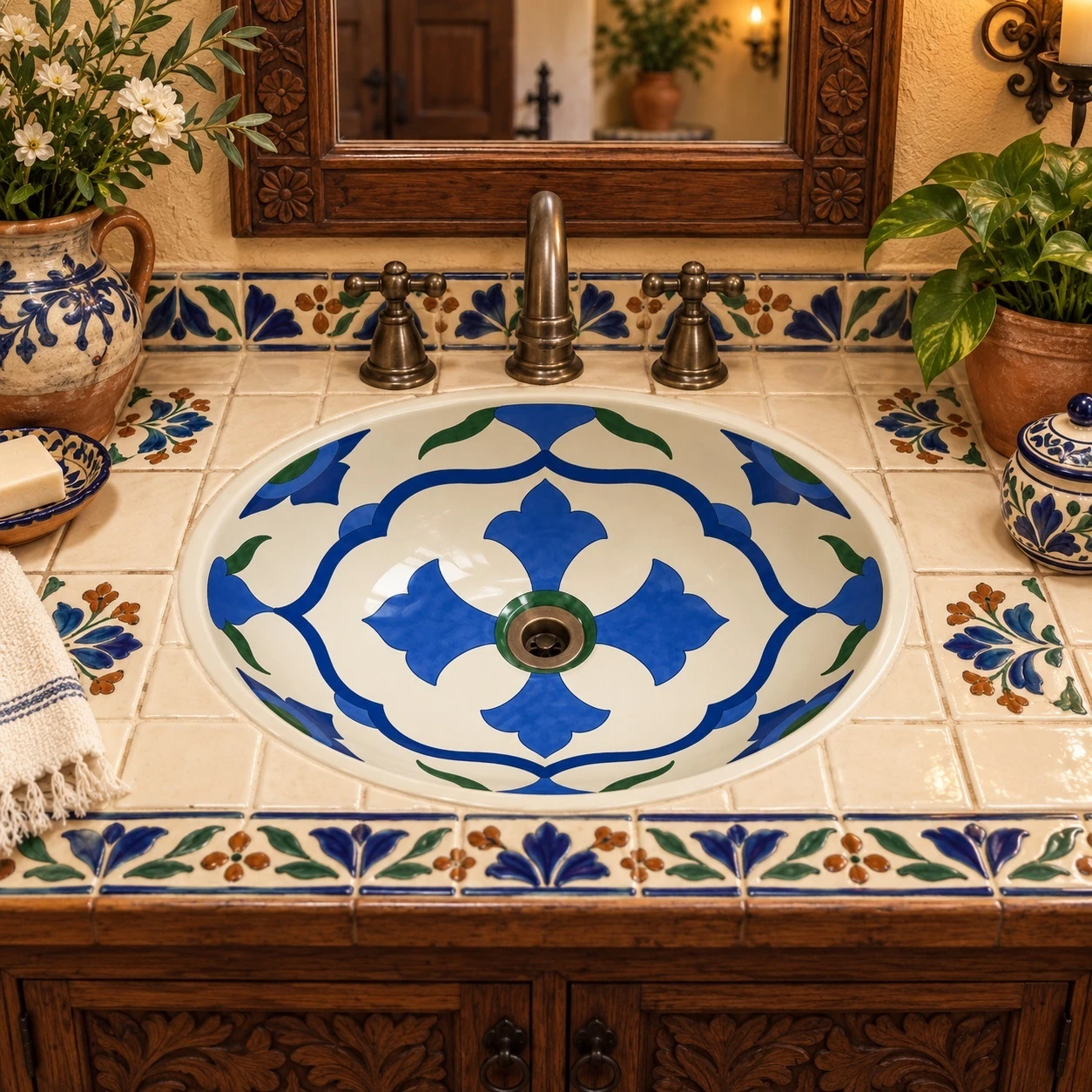 Talavera bathroom sink blue quatrefoil in a Mexican hacienda bath with colorful tile accents