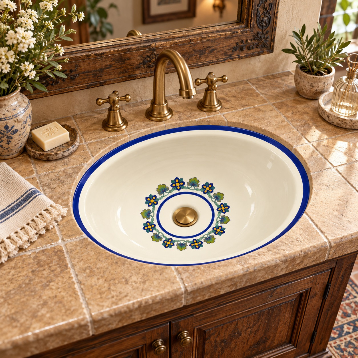 Minimal talavera floral ring bathroom sink in rustic luxury bath with stone tile and brass fixtures