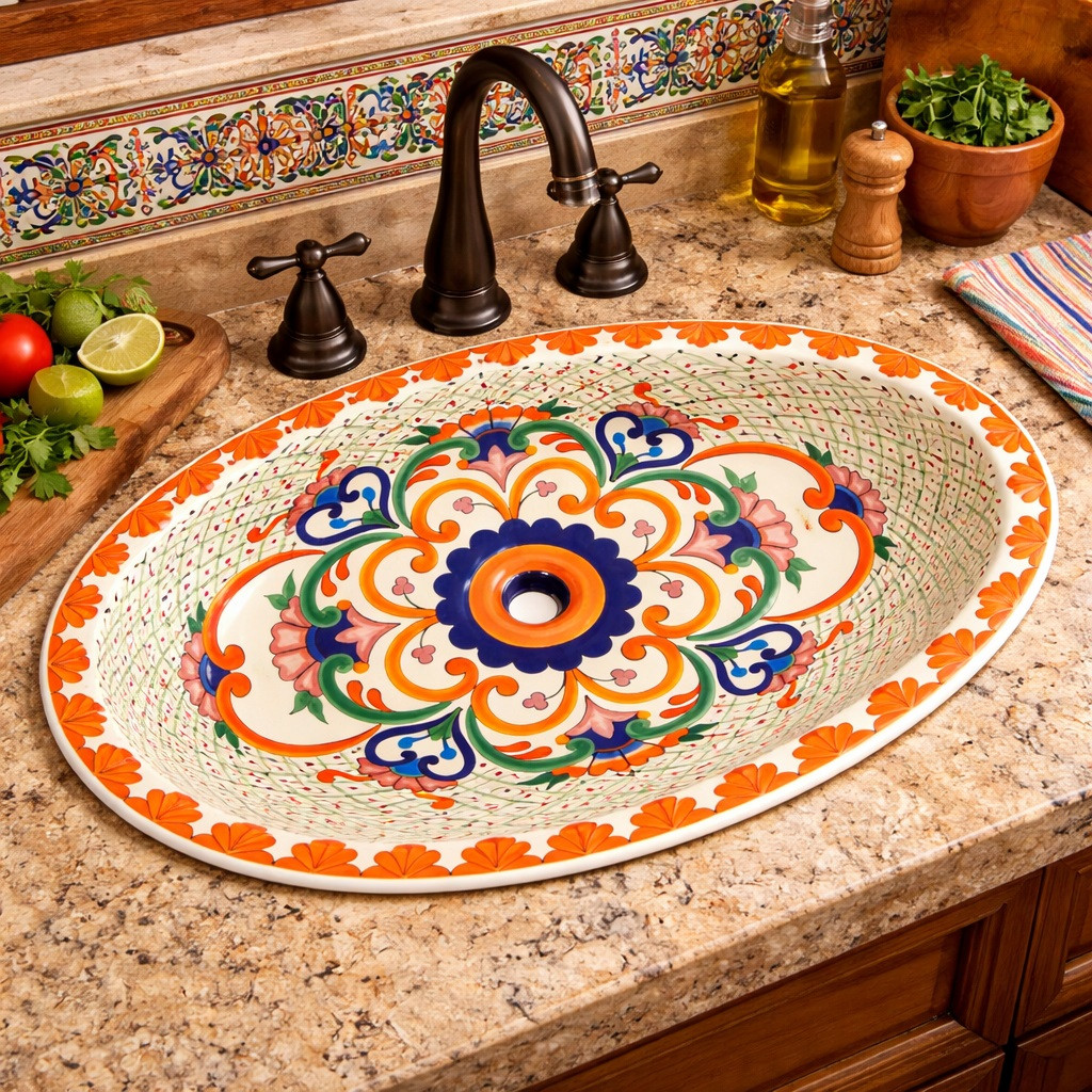 Mexican talavera lattice scrollwork bathroom sink used in a kitchen space with rustic cabinetry and artisan finishes