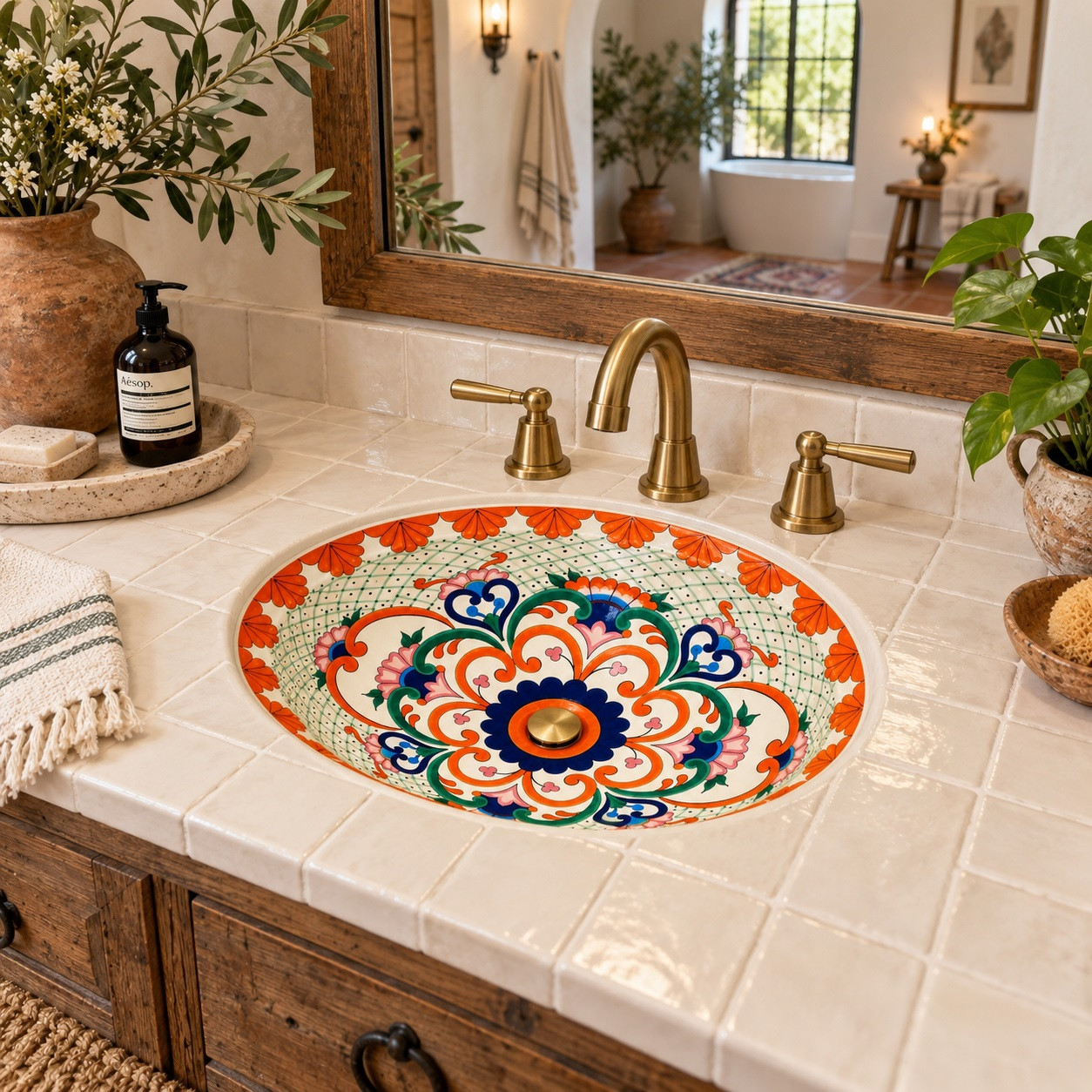 Mexican talavera lattice scrollwork bathroom sink in a modern hacienda bath with natural textures