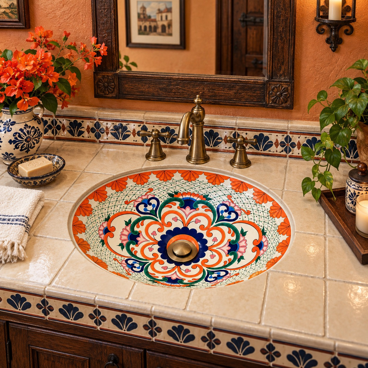 Mexican talavera lattice scrollwork bathroom sink in a colonial powder room with dark wood