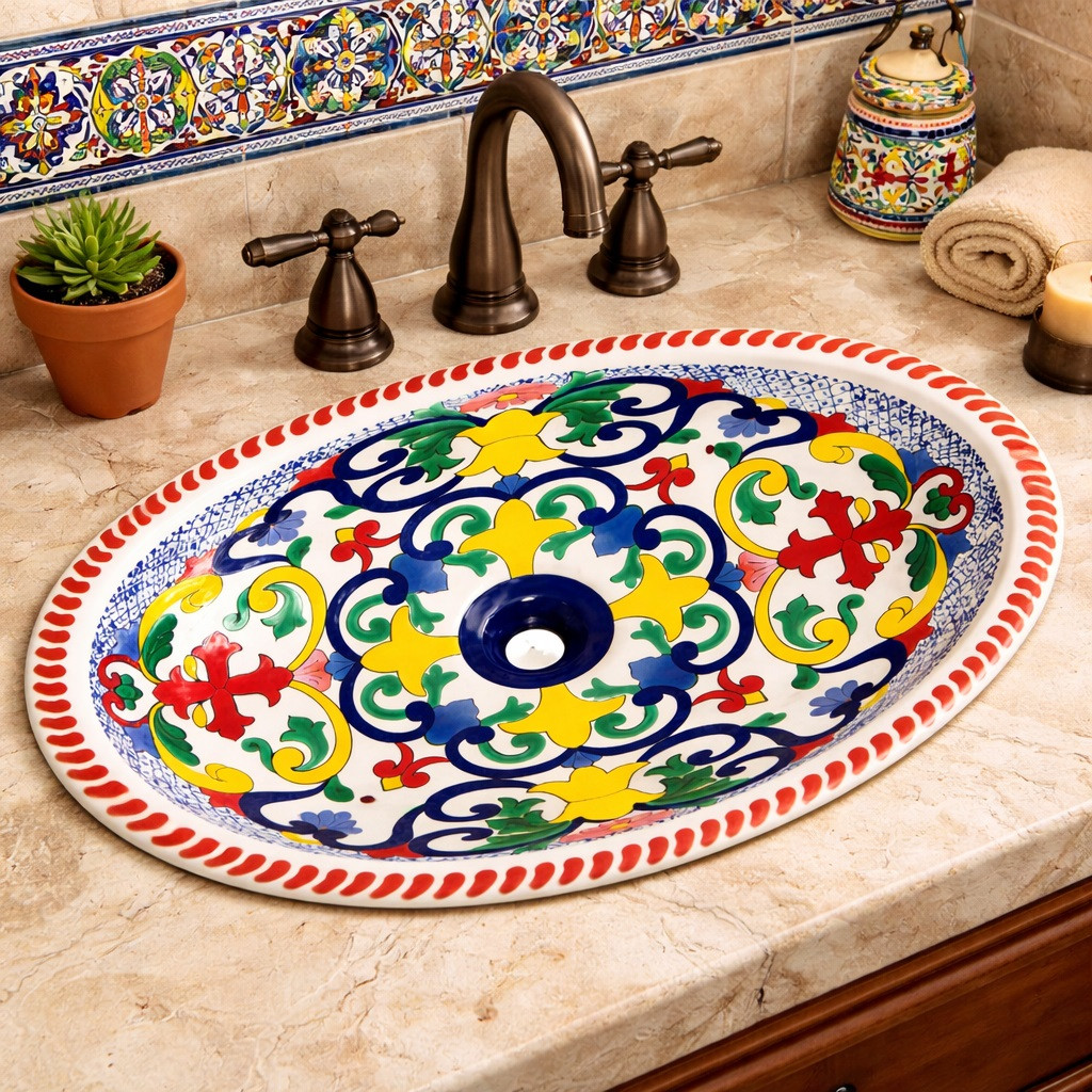 Mexican talavera scrollwork hand painted bathroom sink featured in a bathroom with tile walls and stone vanity
