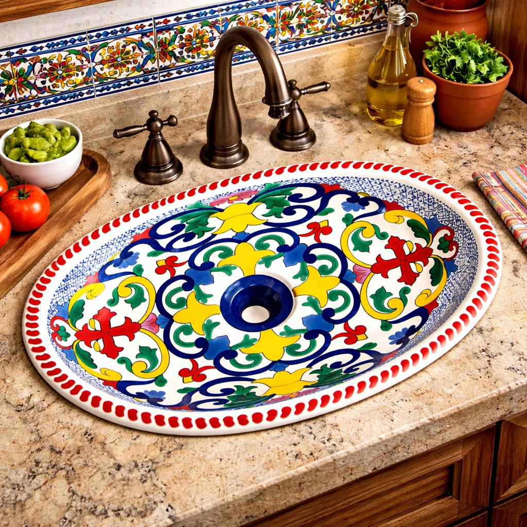 Mexican talavera scrollwork hand painted bathroom sink used in a kitchen space with rustic cabinetry and warm finishes
