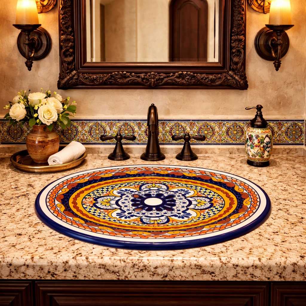 Oval talavera bathroom sink blue medallion design in Spanish Revival bathroom with arched mirror and iron sconces