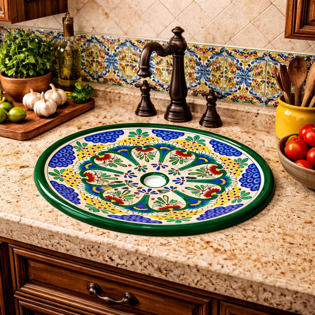 Talavera grape motif bathroom sink used in a kitchen space with rustic cabinetry and handcrafted accents