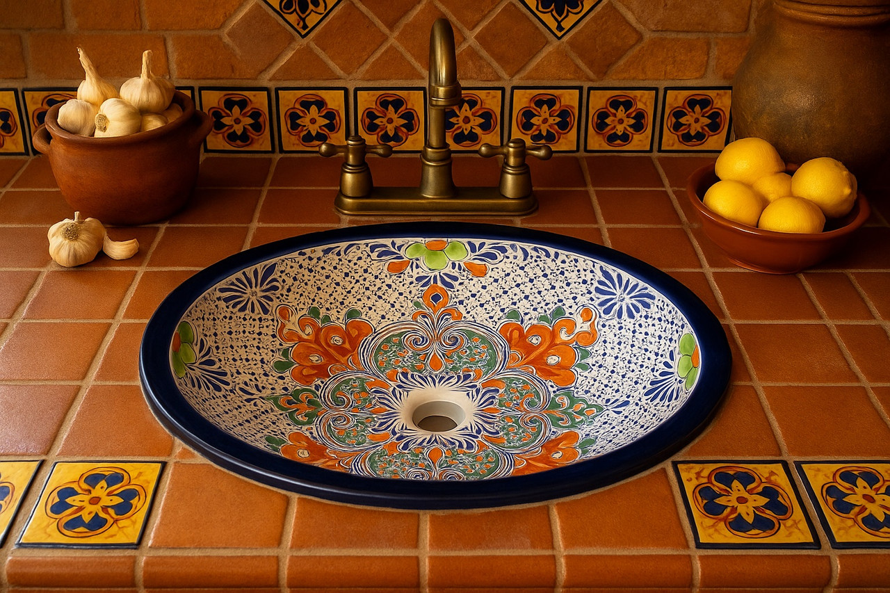 Mexican talavera medallion bathroom sink featured in a Mexican kitchen with warm tones and decorative tile accents