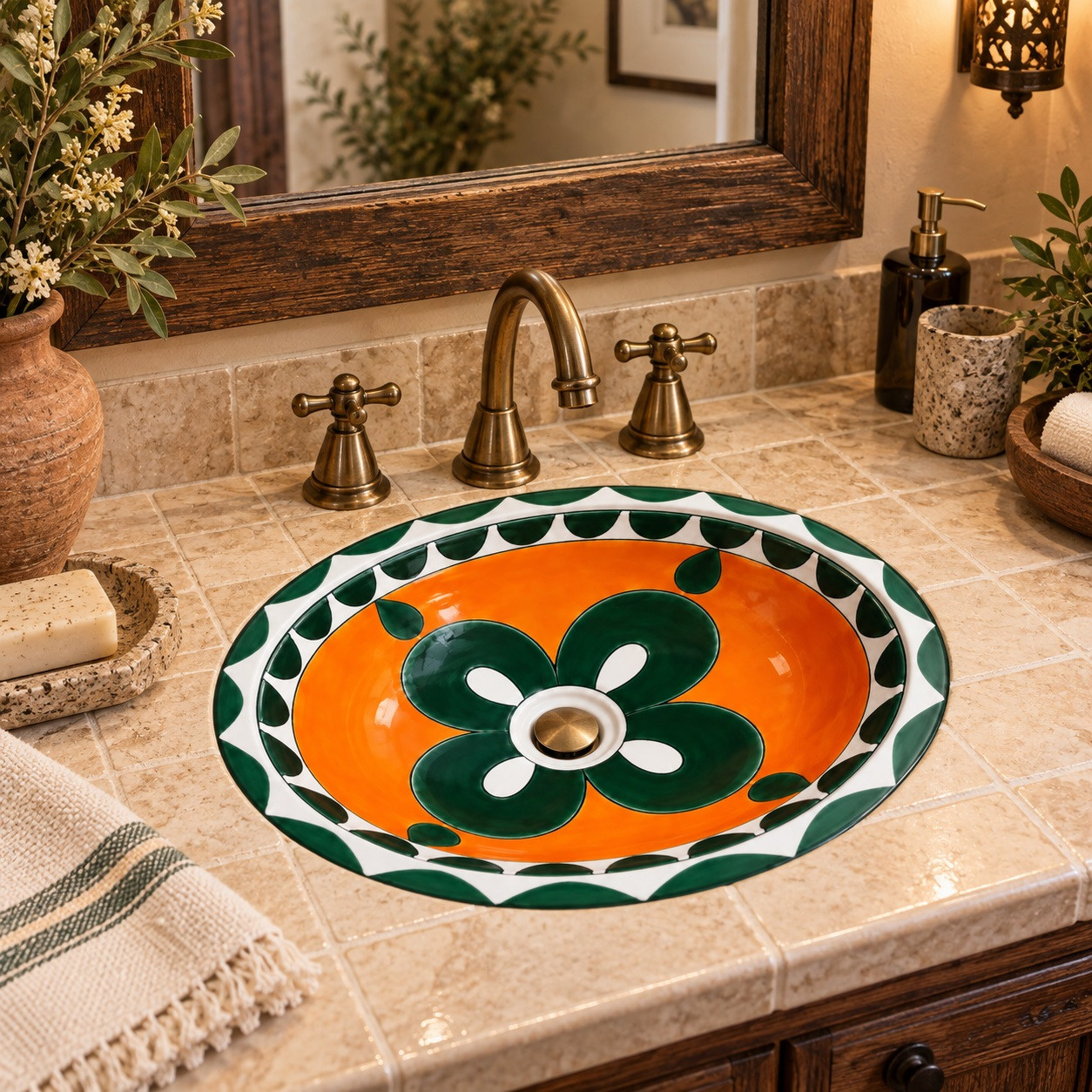 Orange green talavera bathroom sink in a rustic luxury bathroom with stone tile and antique brass