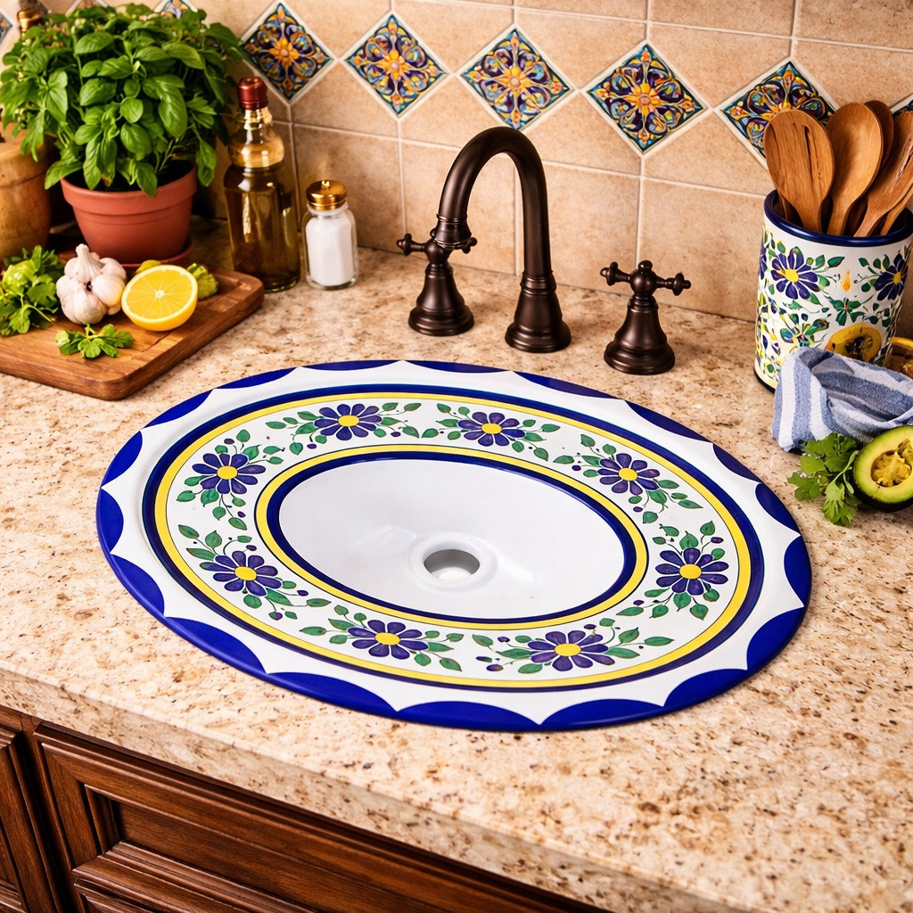 Talavera blue yellow floral sink installed in a kitchen space with handcrafted surfaces and warm tones