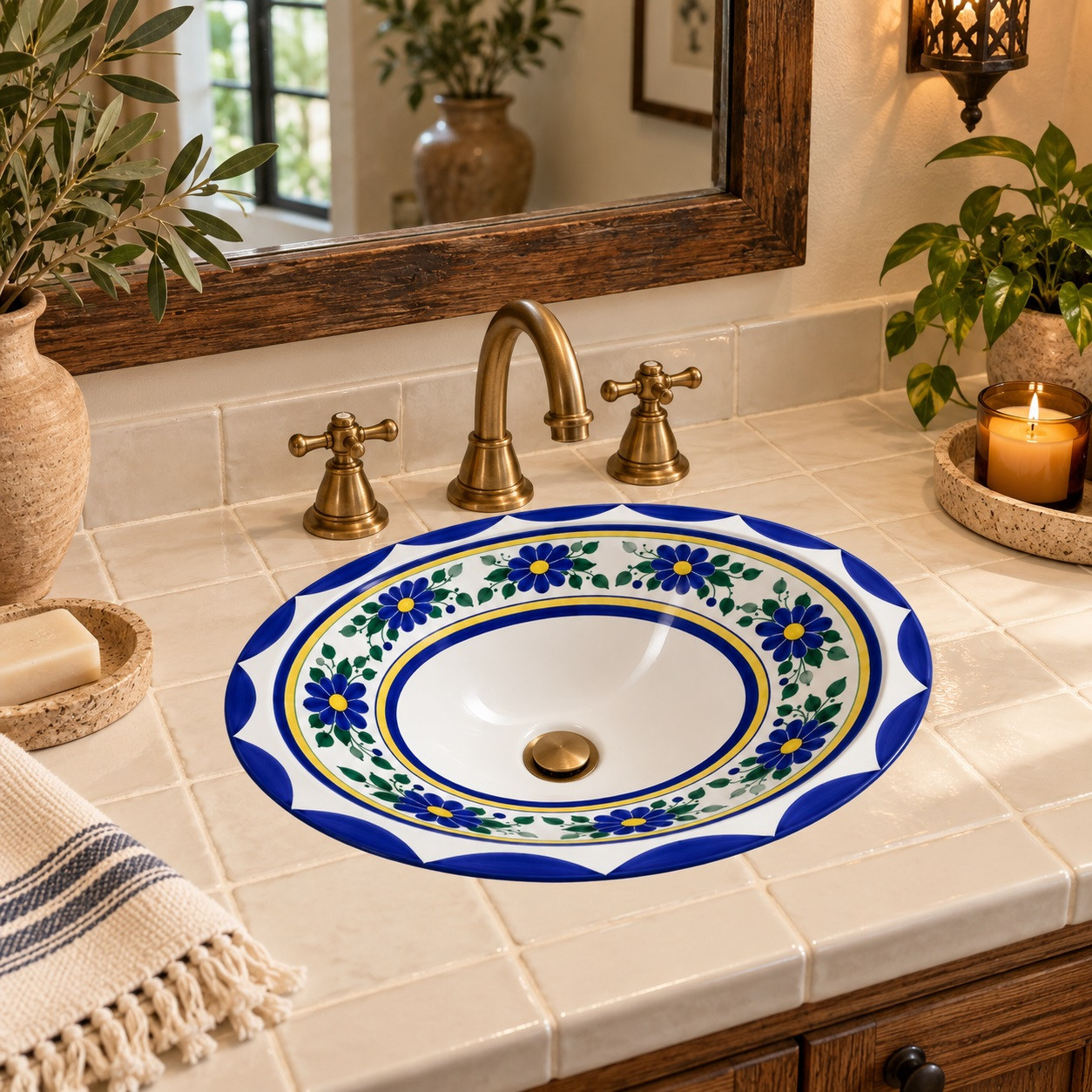 Talavera blue yellow floral sink in a modern hacienda retreat with clean lines and warm textures