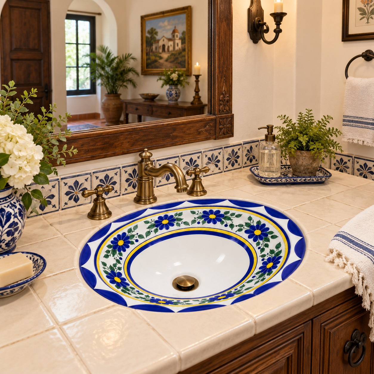 Talavera blue yellow floral sink in a colonial powder room with carved wood and artisan tile