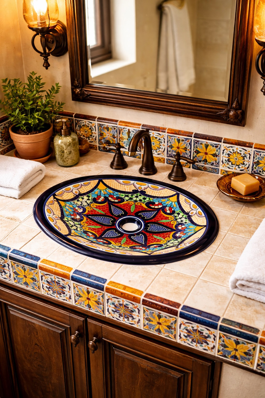 Vibrant floral talavera bathroom sink styled in a house bathroom with handmade tile and warm natural light