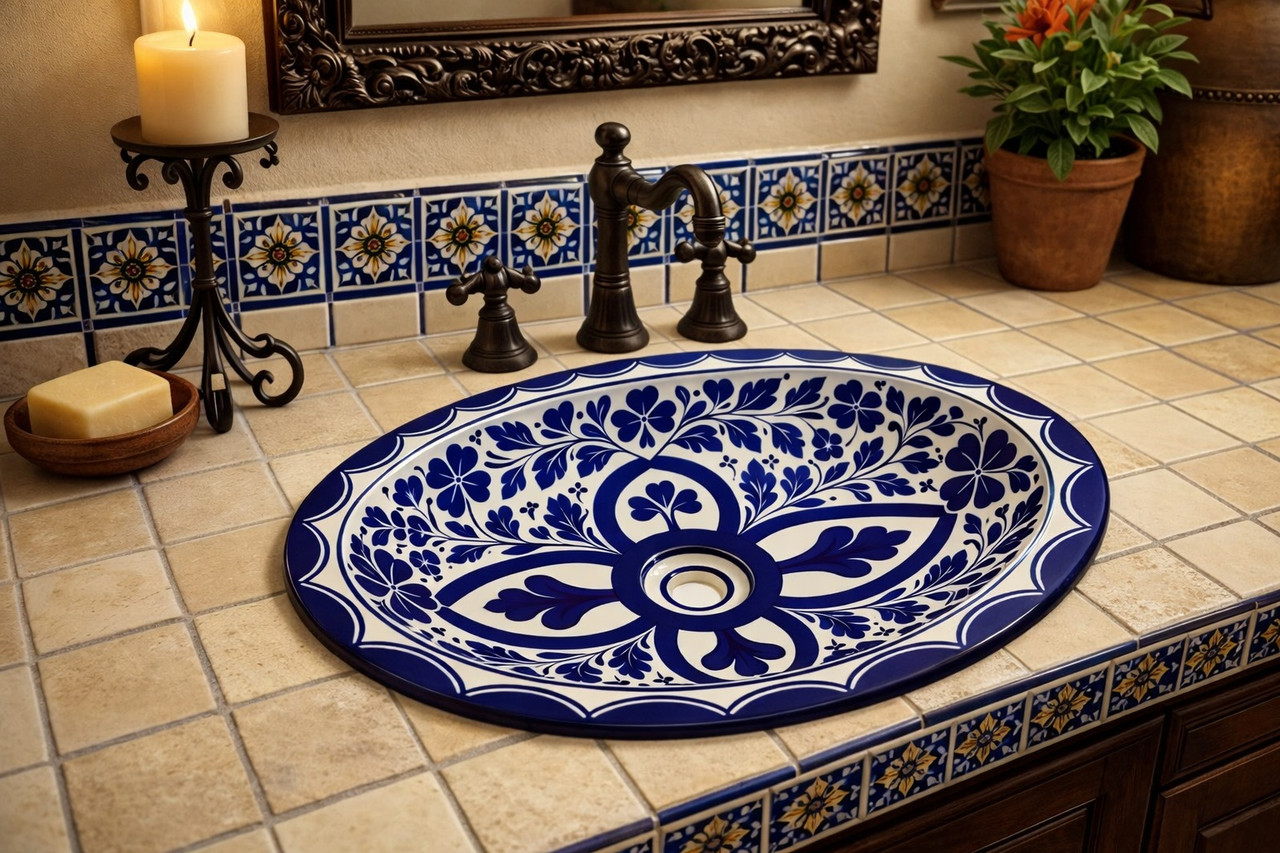 Cobalt clover talavera bathroom sink styled in a Spanish Revival bathroom with classic ceramic accents