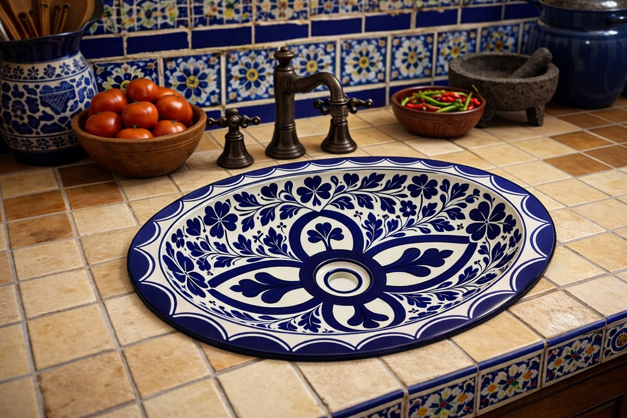 Cobalt clover talavera bathroom sink used in a Mexican kitchen as a decorative handcrafted focal point