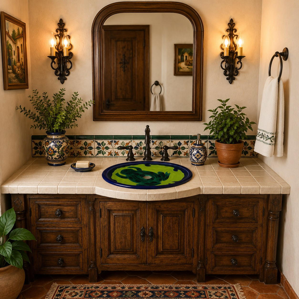 Mexican bathroom sink green frog placed on a house vanity surrounded by colorful tilework and natural textures