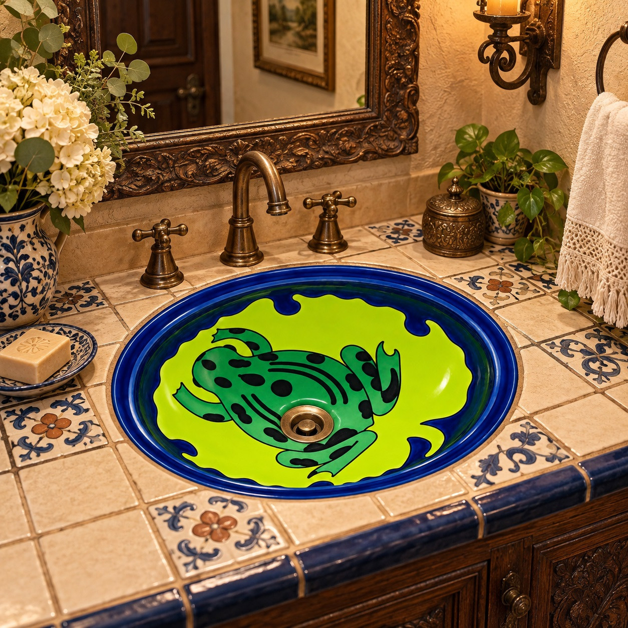 Mexican bathroom sink green frog in a vintage powder room with antique brass fixtures and warm tile