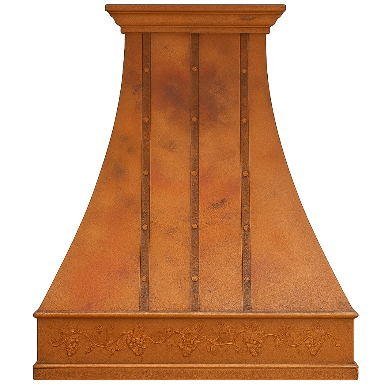 Decorative apron copper range hood with grapevine design and hammered straps