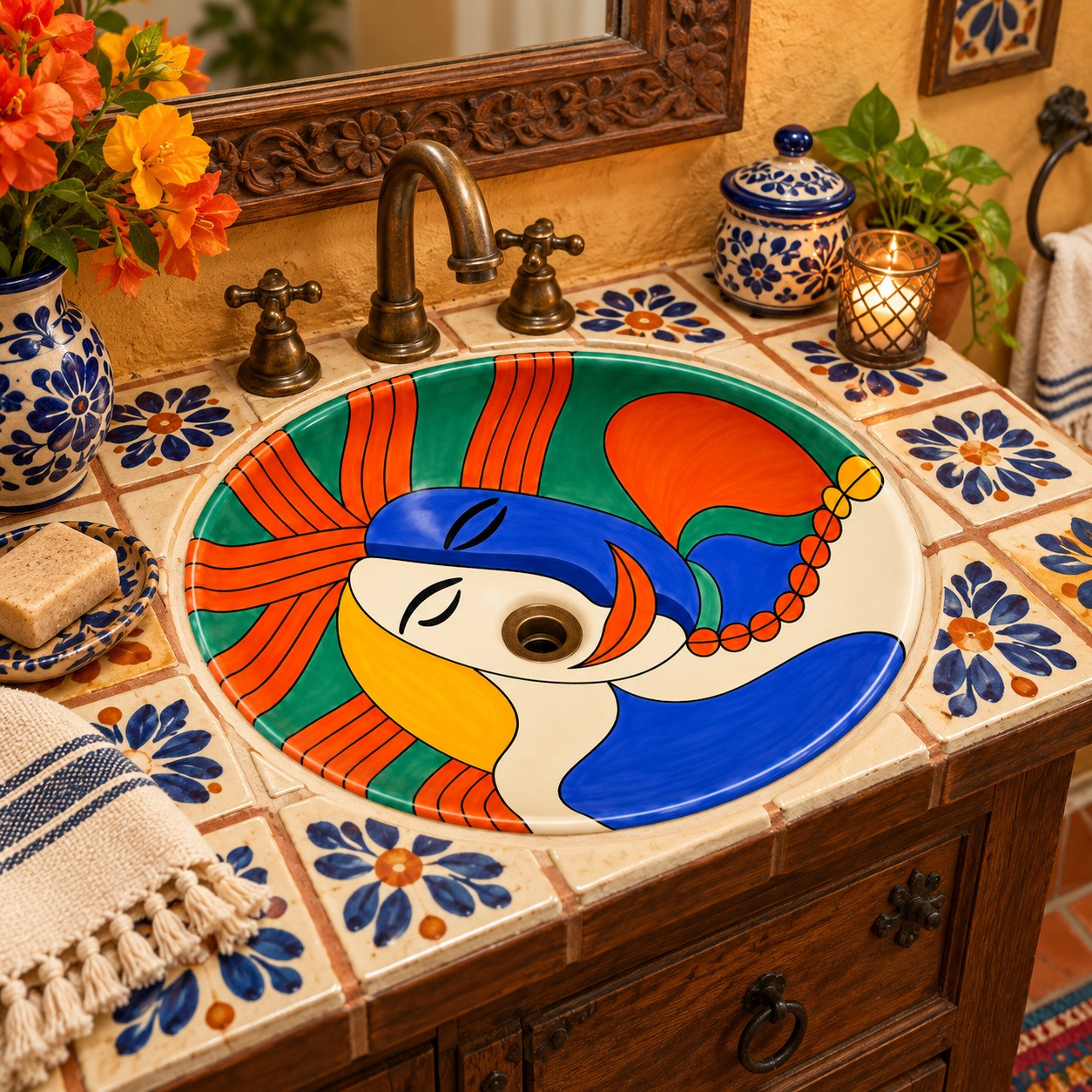 Modern art talavera bathroom sink in a Mexican hacienda bath with colorful tile accents