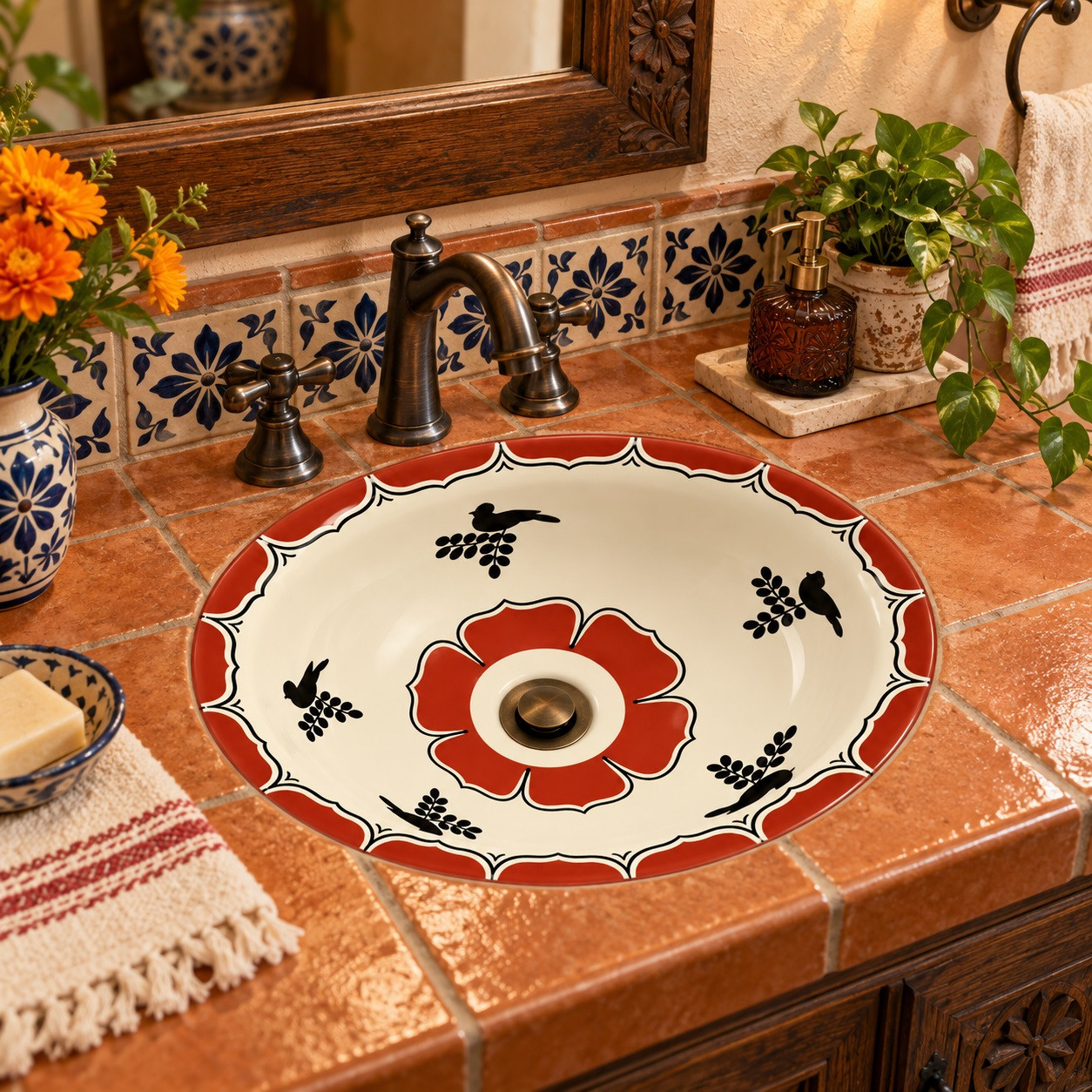 Mexican bathroom sink red bird in a Mexican hacienda bath with colorful tile accents