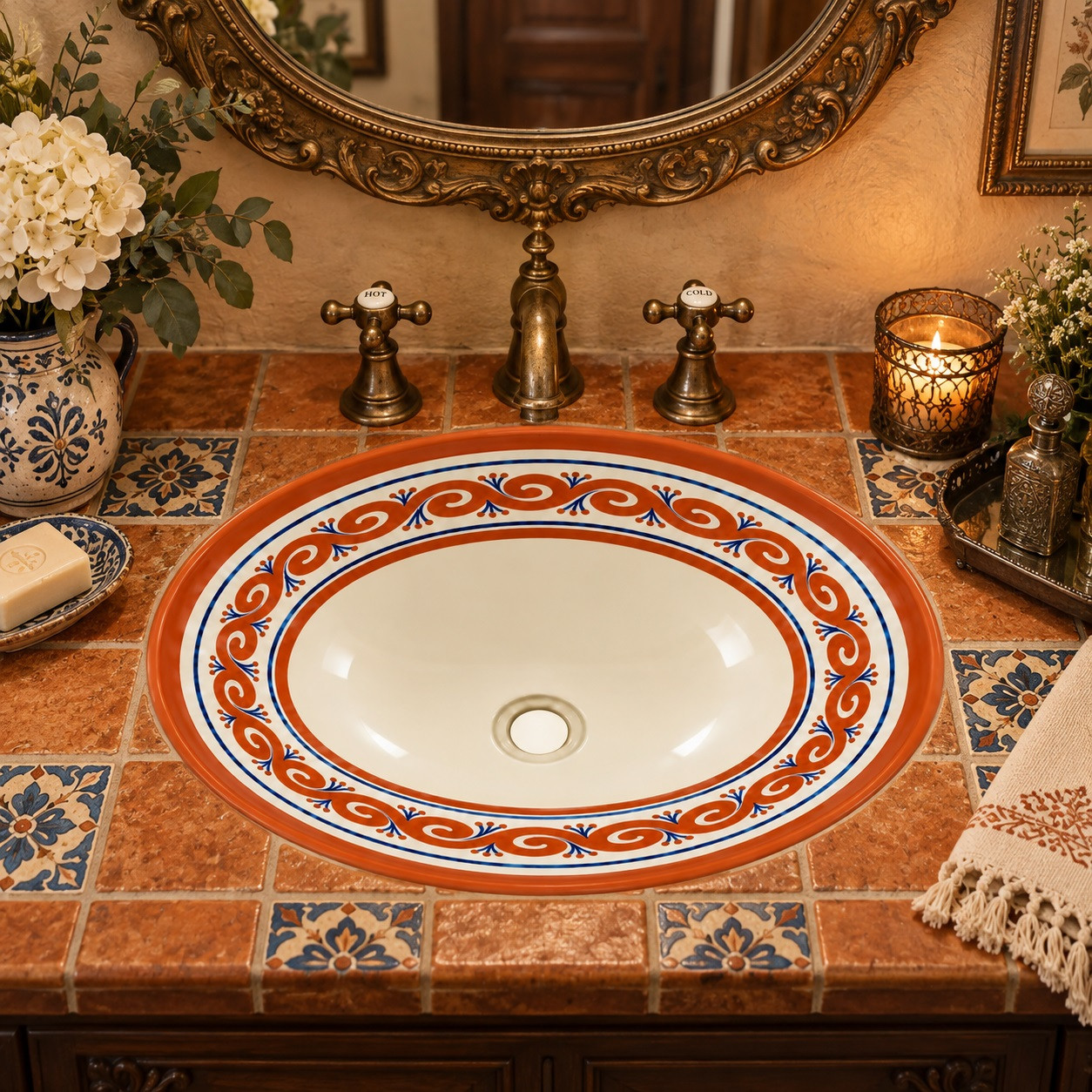 Terracotta scroll Mexican bathroom sink in a vintage powder room with antique brass fixtures