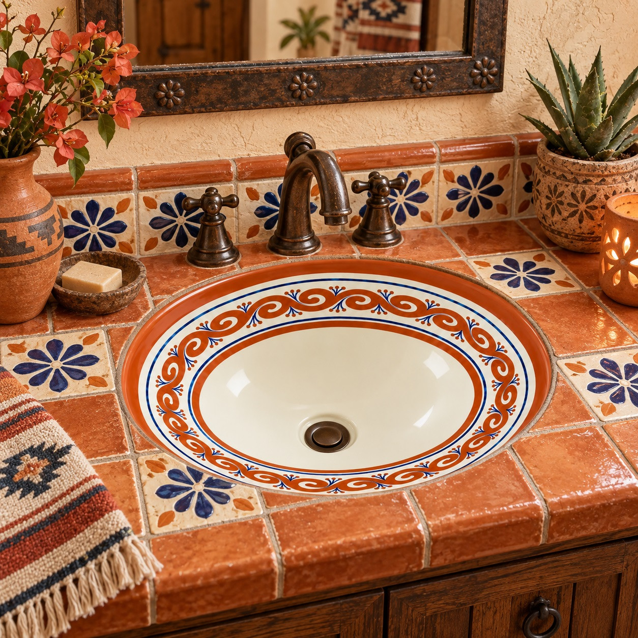 Terracotta scroll Mexican bathroom sink in a Southwestern bath with terracotta and woven decor