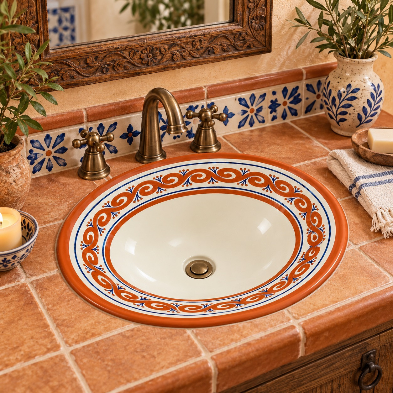 Terracotta scroll Mexican bathroom sink in a Mediterranean bath with plaster and stone details