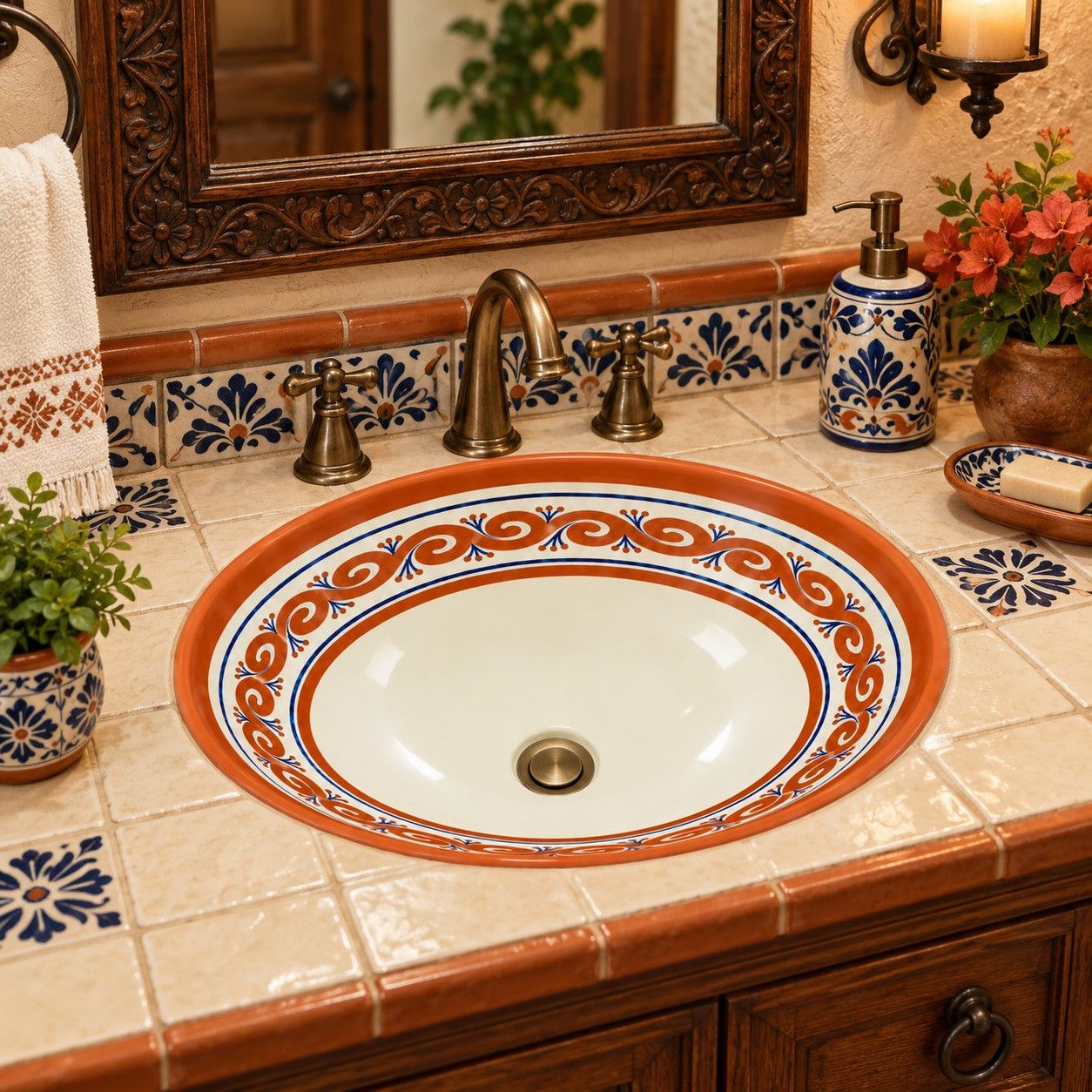 Terracotta scroll Mexican bathroom sink in a colonial bathroom with woodwork and artisan tile