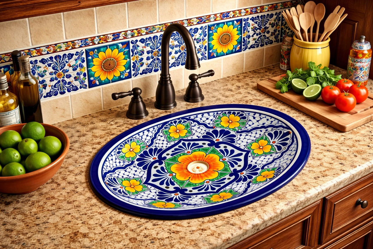 Talavera cobalt yellow flower sink displayed in a Mexican kitchen with 4x4 tile backsplash
