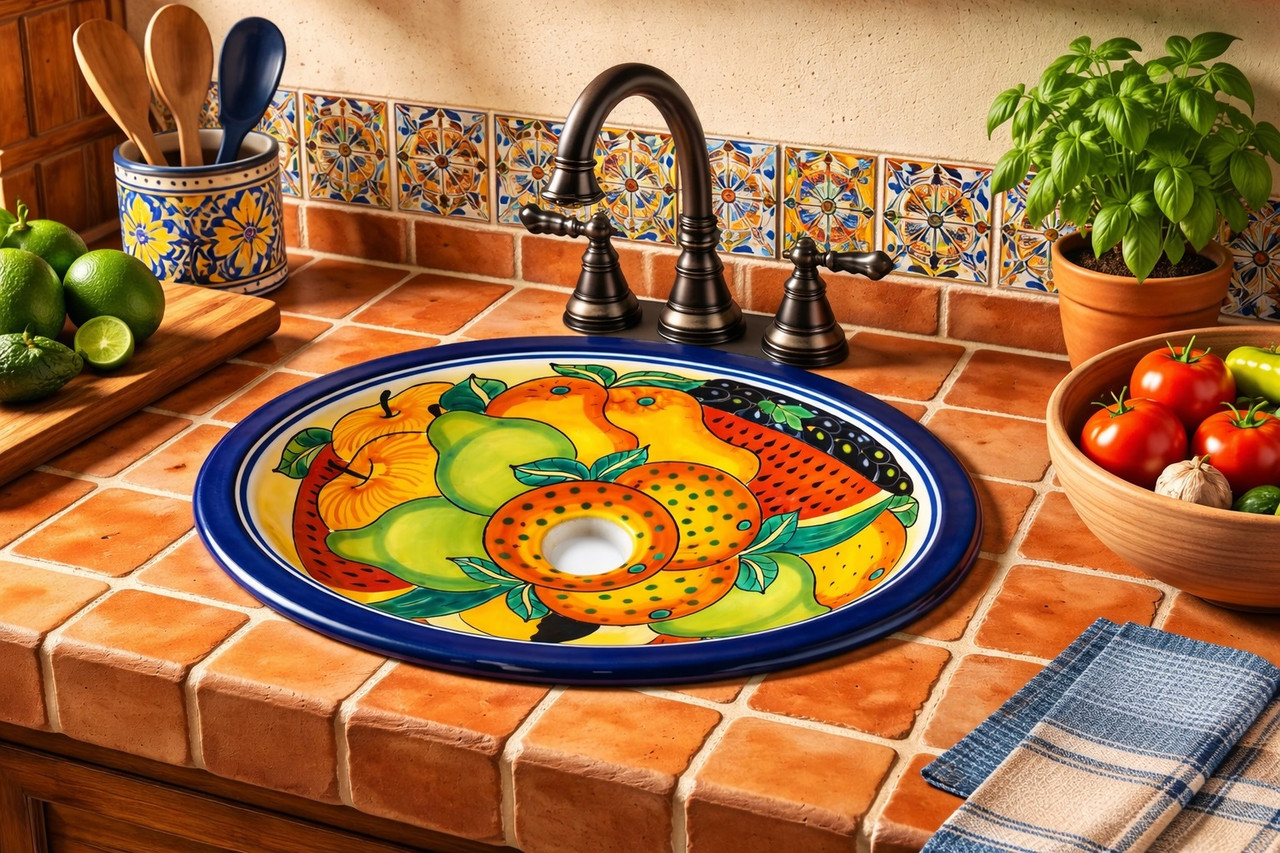 Talavera fruit motif bathroom sink installed in a kitchen interior with handcrafted surfaces and colorful accents