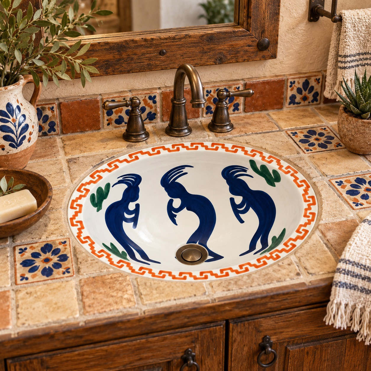 Talavera bathroom sink kokopelli in a rustic vanity with aged wood and handcrafted tile