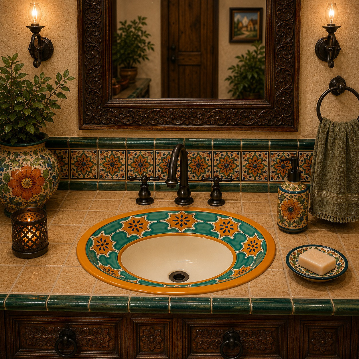 Mexican green star bathroom sink featured in a bright bathroom scene showcasing artisanal color and detail