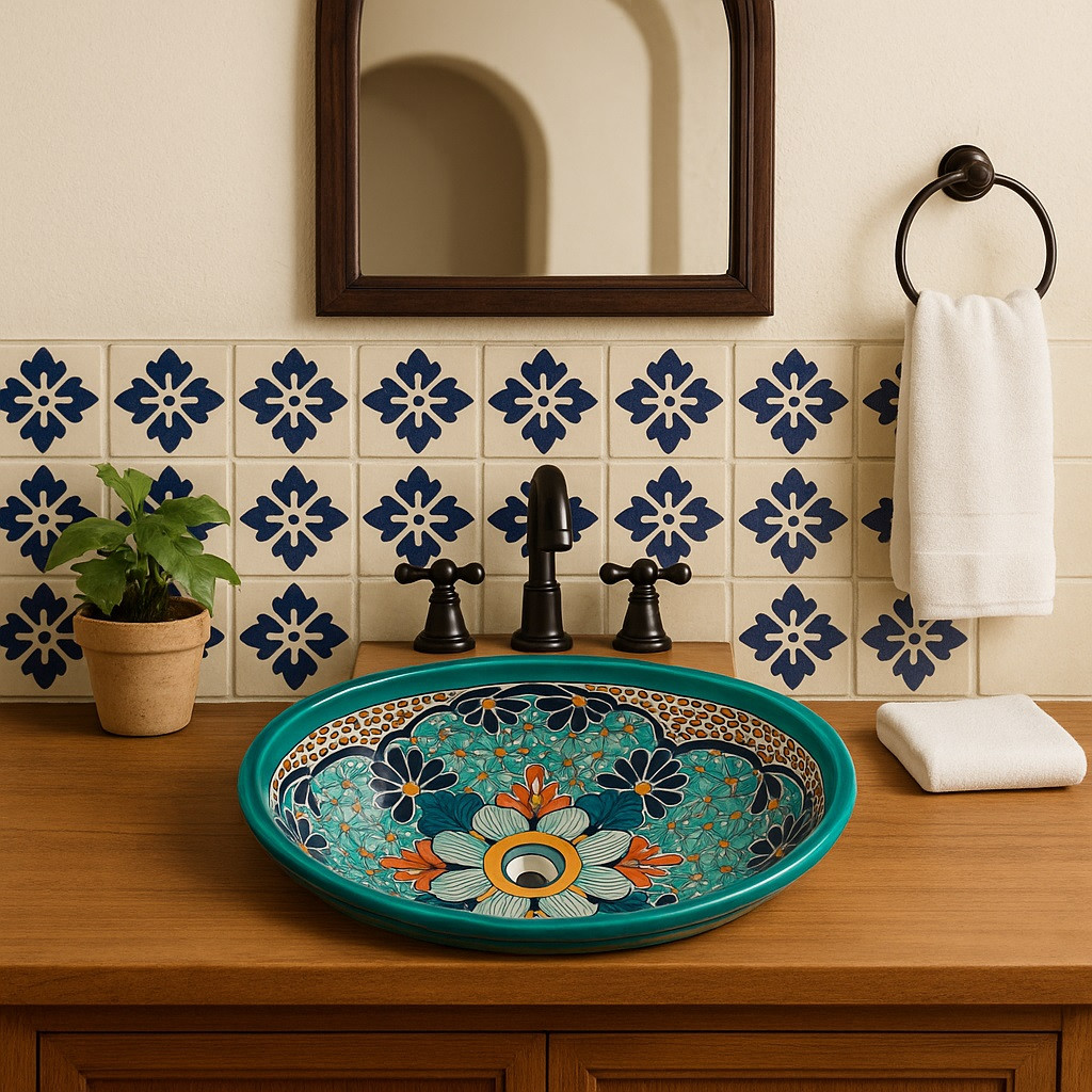 Mexican turquoise medallion bathroom sink featured in a bright bathroom setting with artisan styling