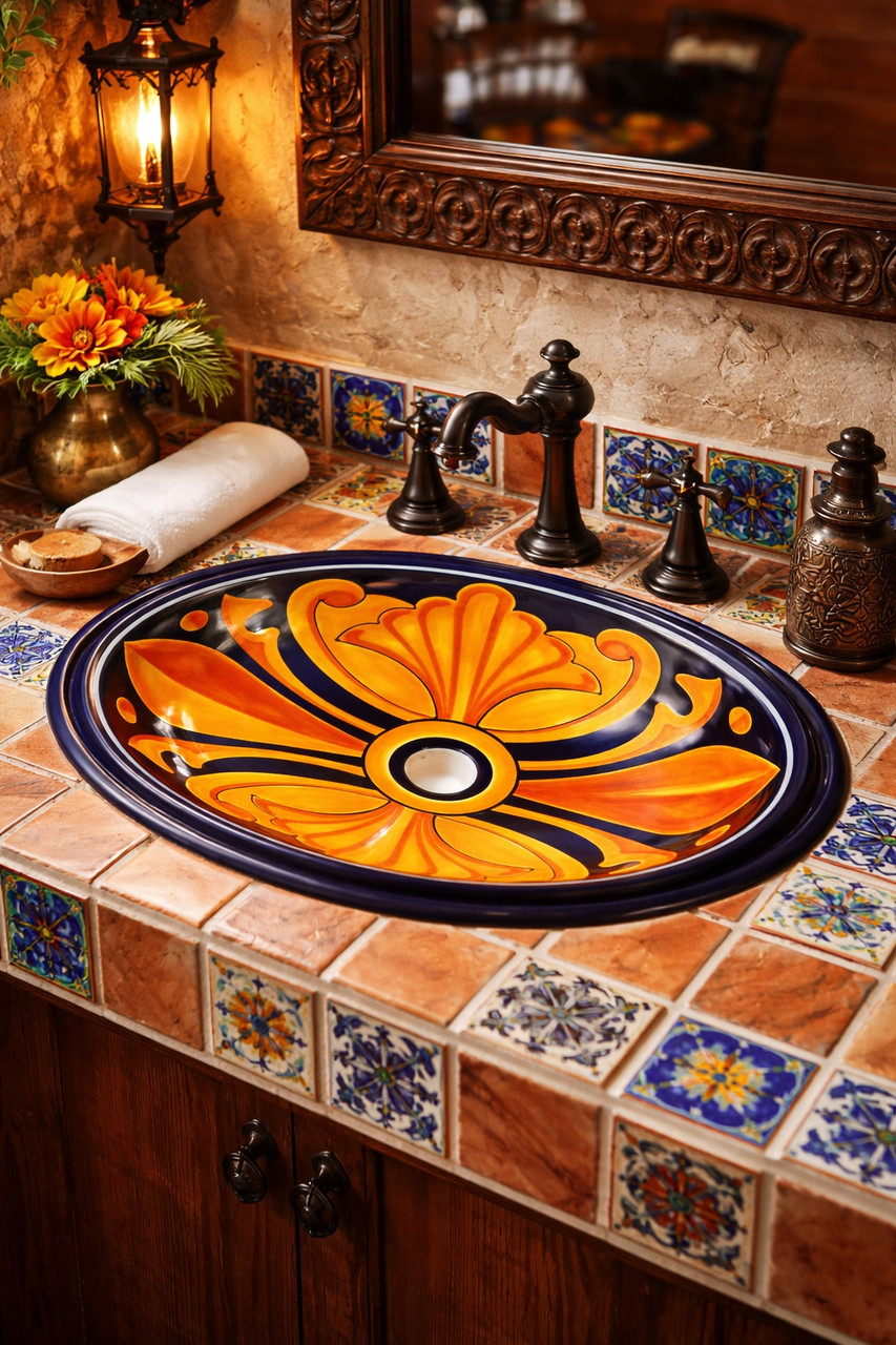 Talavera bathroom sink shell motif featured in a restaurant washroom highlighting authentic Mexican design