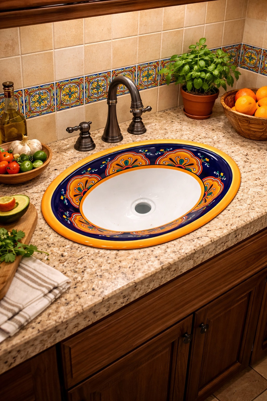 Talavera orange shell bathroom sink installed in a kitchen interior adding bold color and handcrafted character