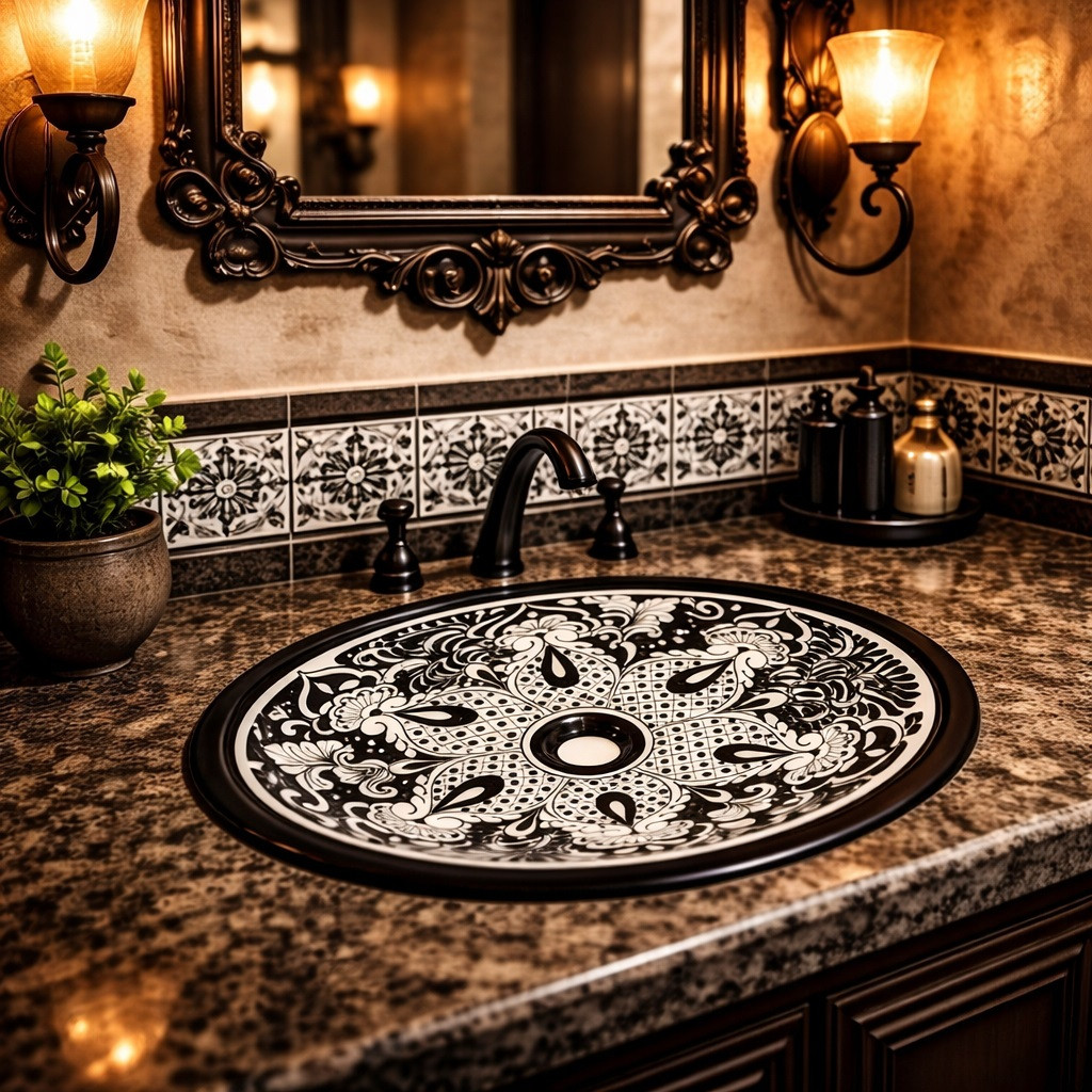 Black white talavera bathroom sink used in a restaurant restroom highlighting graphic Mexican ceramic design