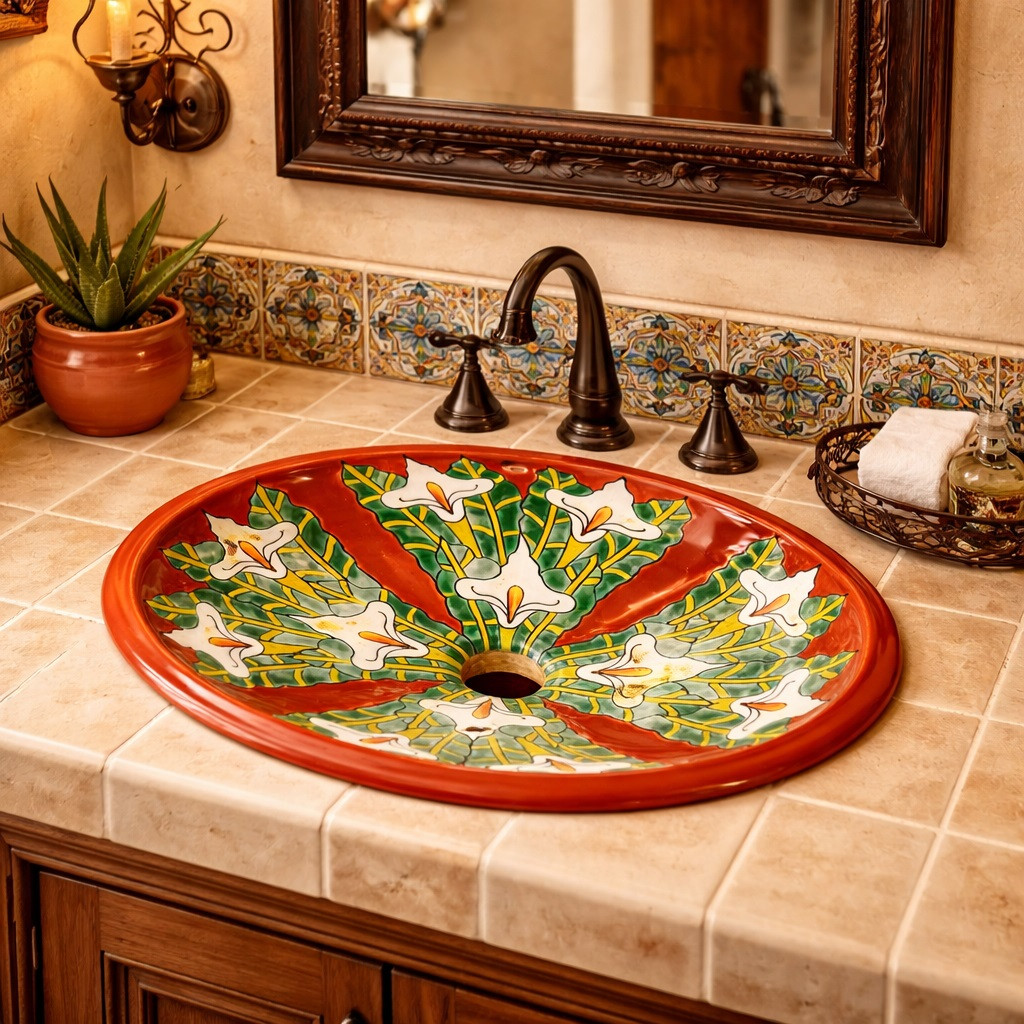Red calla lily talavera sink shown in Spanish Revival bathroom with plaster walls and rustic vanity