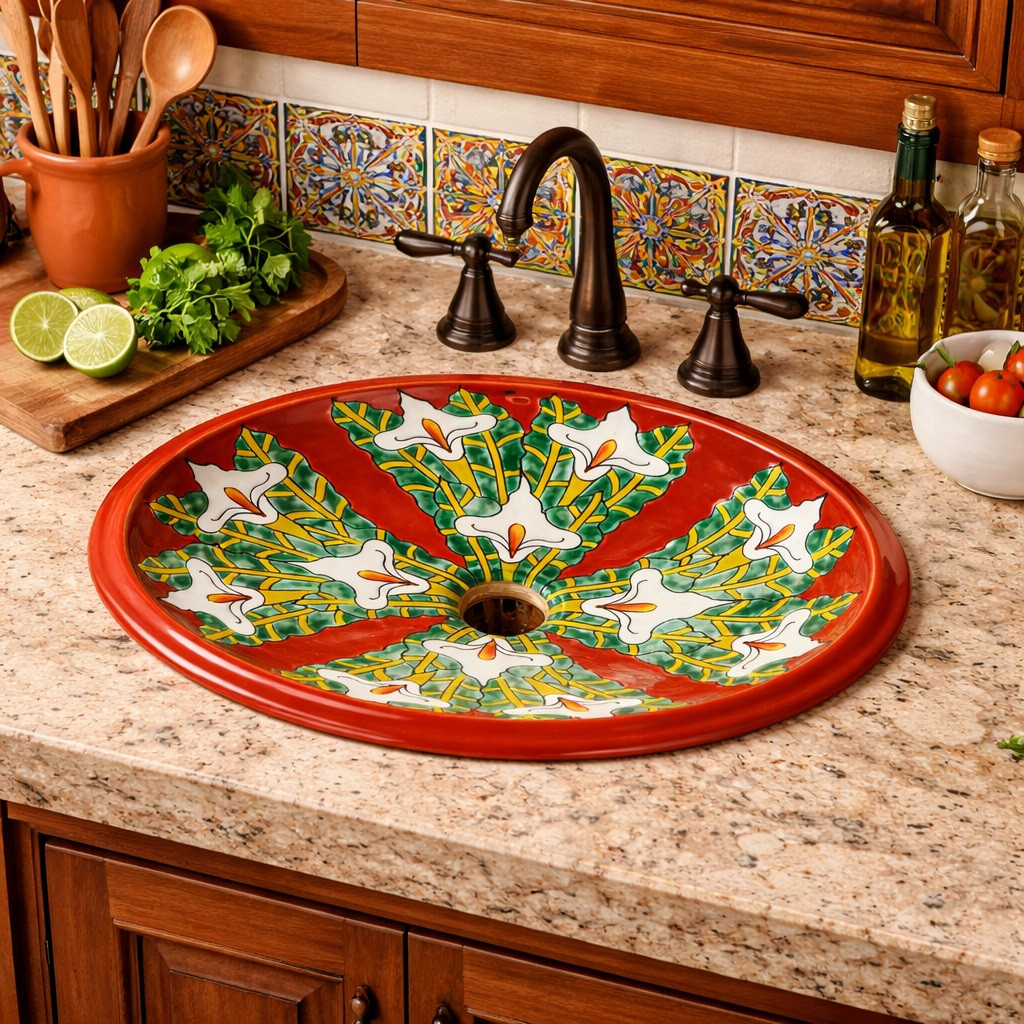 Red calla lily talavera sink displayed in kitchen interior adding color to rustic cabinetry